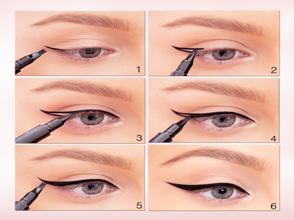 6 مرحله از کشیدن خط چشم به صورت مرحله به مرحله روش چشمانی روشن قابل مشاهده است.