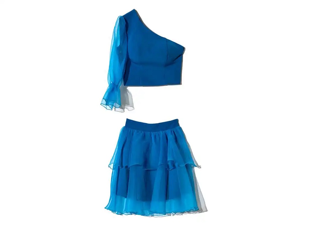 لباس مجلسی زنانه یقه رومی آبی ویچی Vichy