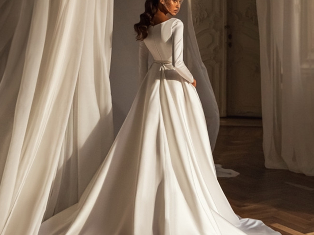 مدل لباس بیست و چهارم: لباس عروس ساتن با دامن دایره ای دنباله دار