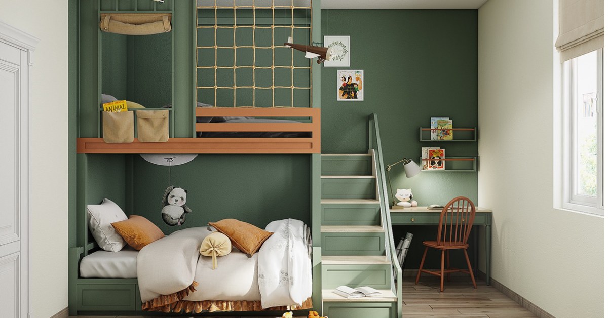 دکوراسیونی از اتاق خواب کودک با تم سبز و قهوه‌ای