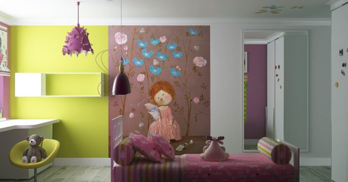 تصویری از اتاق خواب کاملا دخترانه با رنگ‌های شاد