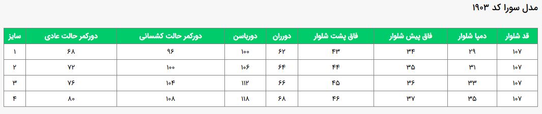 جدول سایز